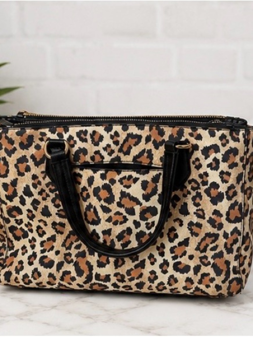 On 34th Leopard Print Satchel Tote Handbag Black Trim Gold Hardware